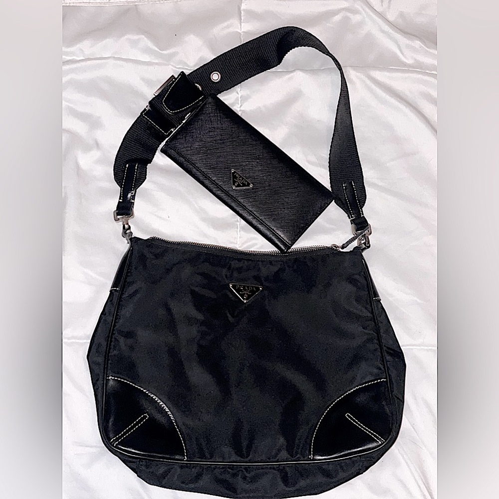 Black Prada Large Saffiano Leather Wallet & Tessuto Nylon Crossbody Bag